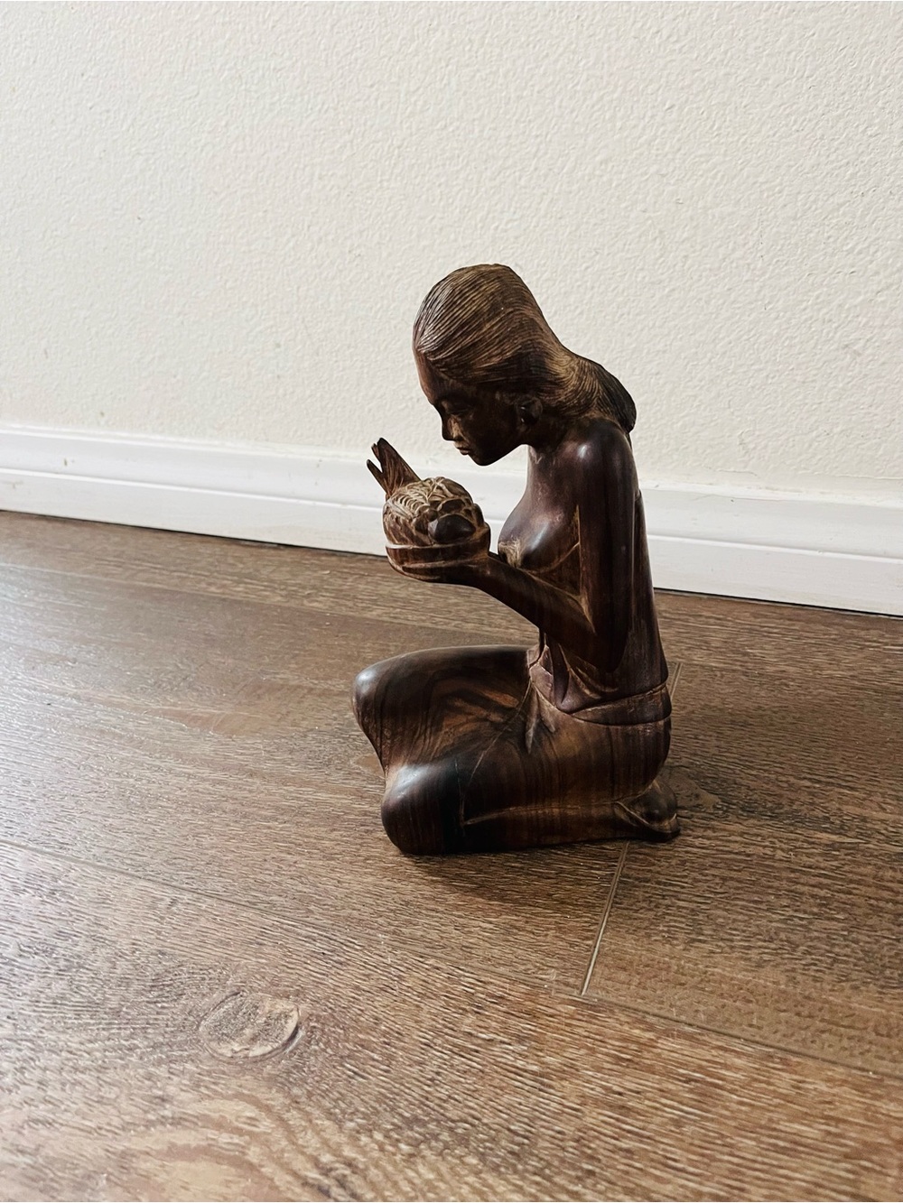 Vintage Balinese Hand Carved Wooden Sculpture  Of Kneeling Women 9 Inches Tall